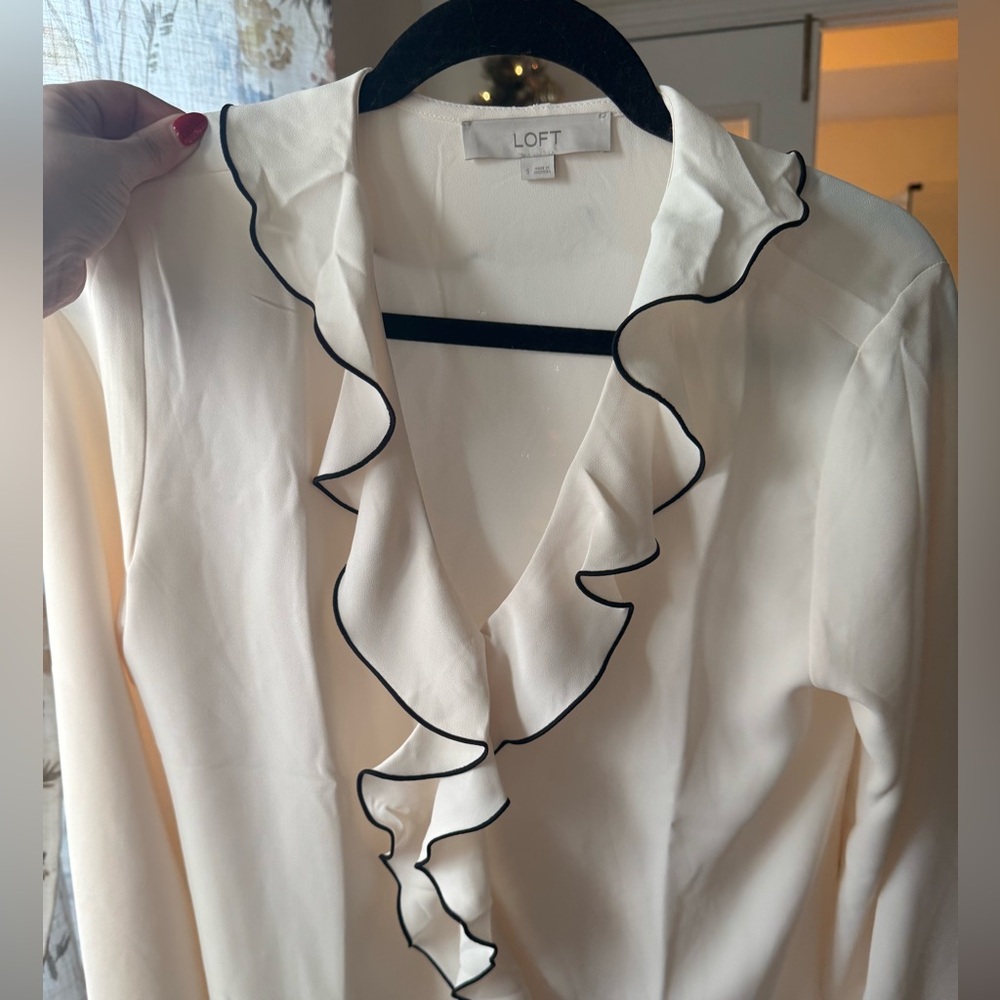 LOFT Cream Blouse with Black Trim Ruffles